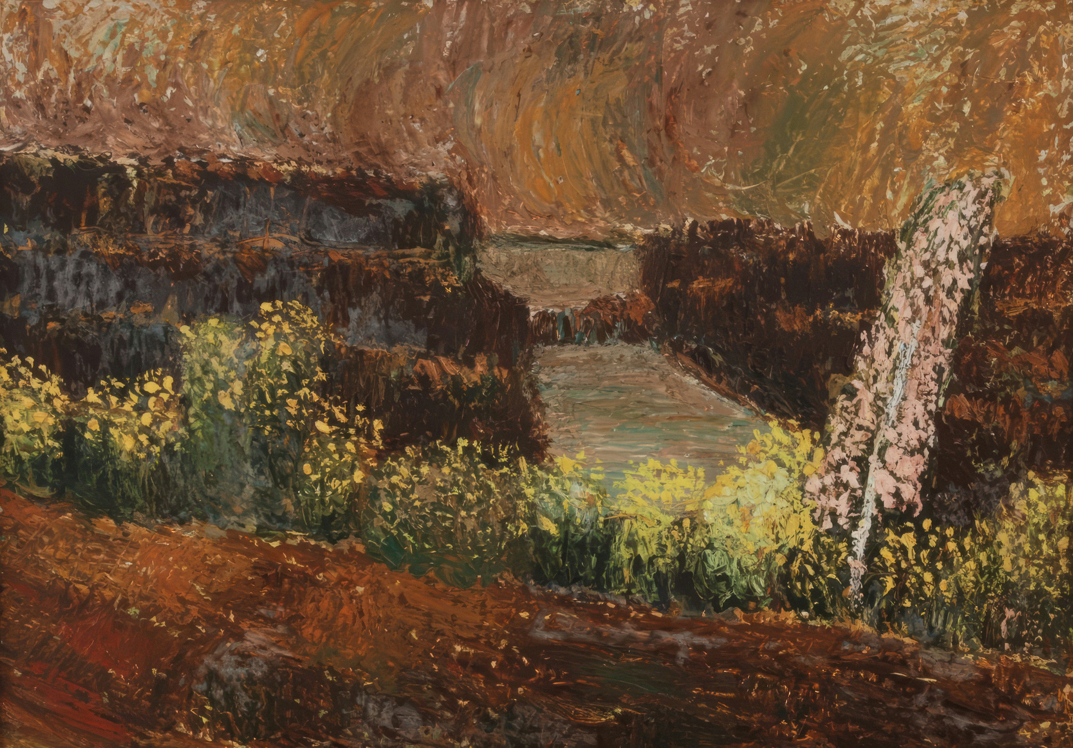 Golden Hour Garden - Oil painting of sunlit flowers and foliage in warm, impressionistic style with golden light filtering through leaves
