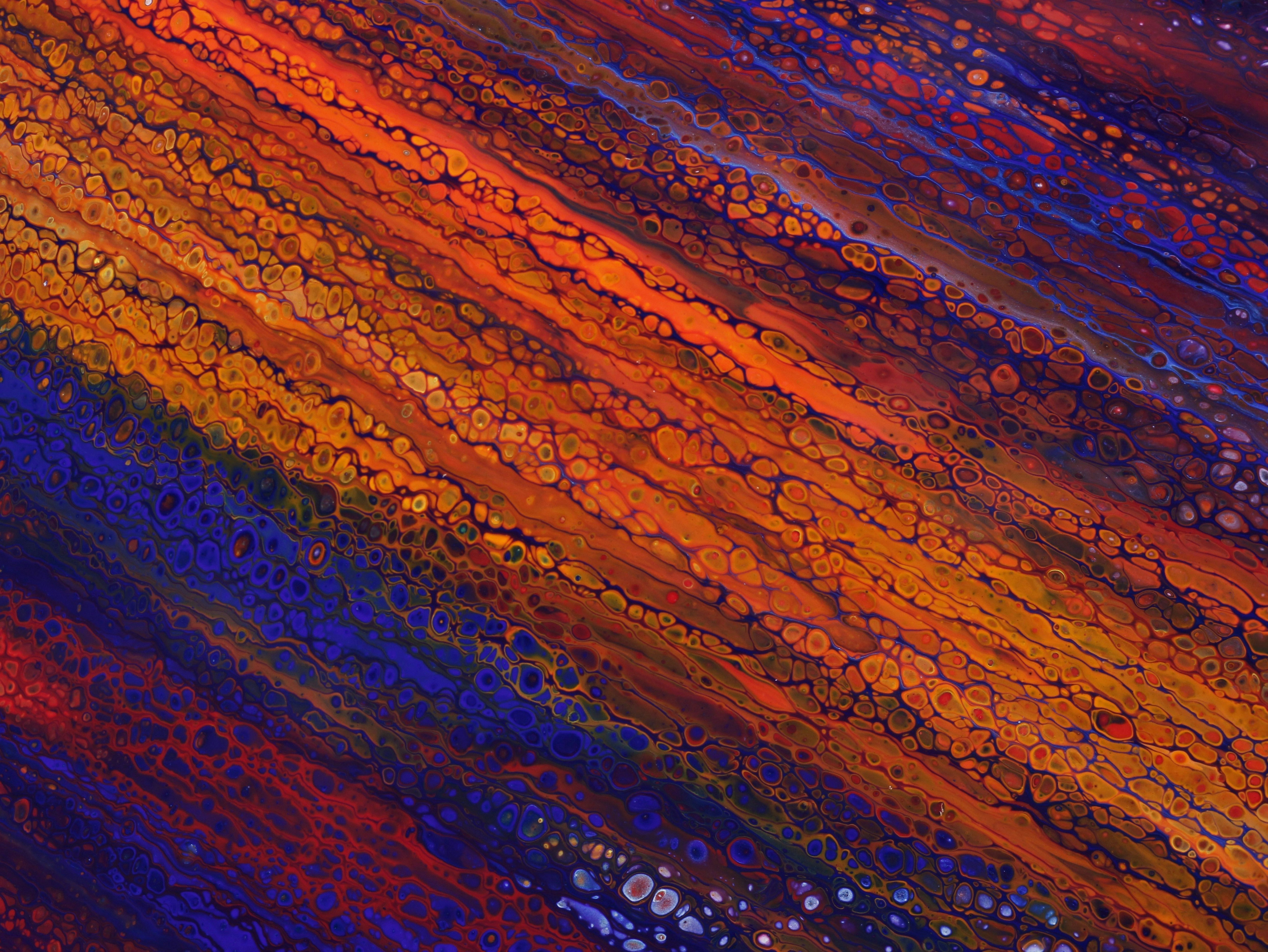 Crimson Sunset - Bold abstract painting with sweeping crimson and orange brushstrokes against deep purple background