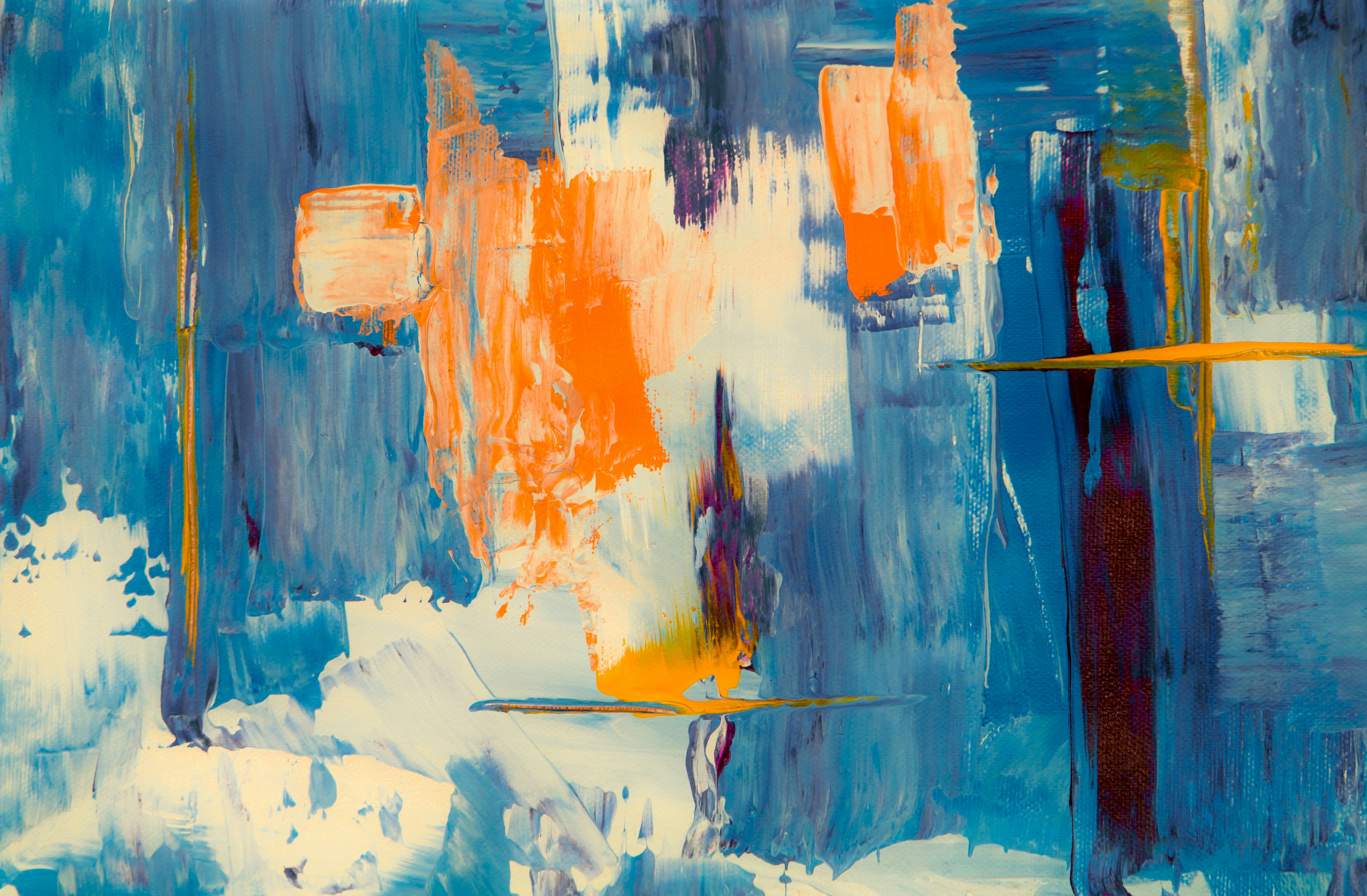 Abstract contemporary painting with vibrant blues and golds, representing the artistic vision of Lumina Gallery